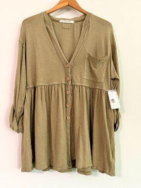 Free People We the Free Jolin Linen Blend Tunic Button Babydoll Sage Green Small